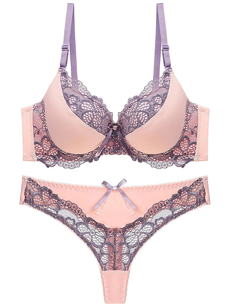 Thong bra set push up Lace hollow out Brassiere bra and panty set Underwear Femme Panties Lingerie