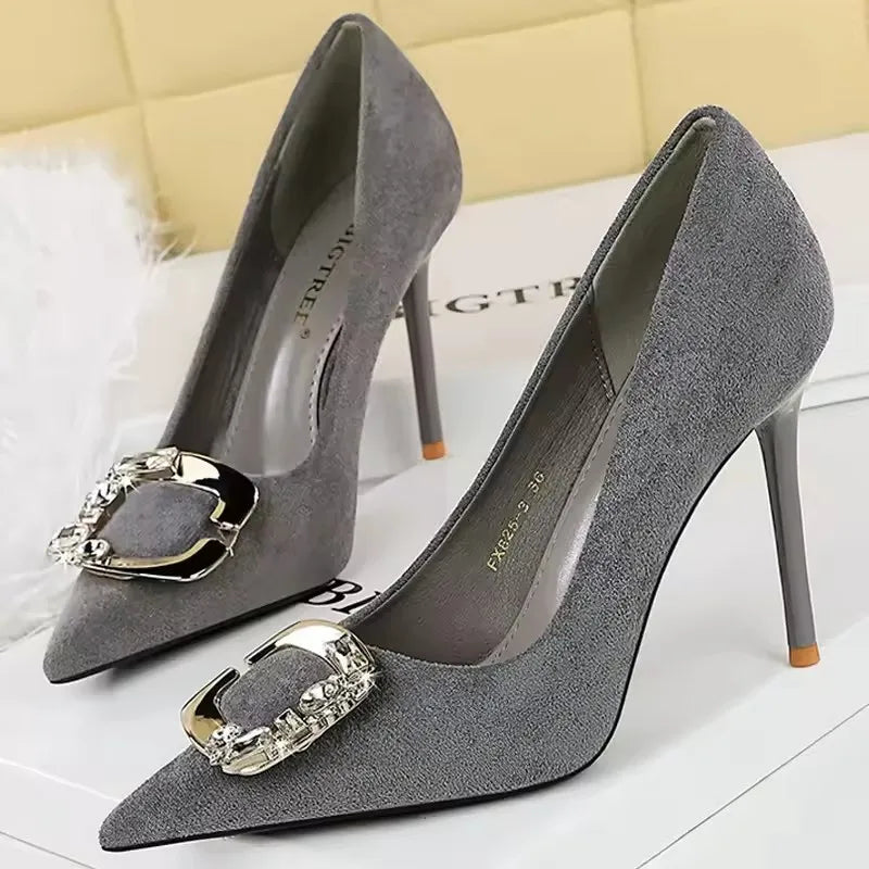 BIGTREE Shoes Metal Rhinestone Belt Buckle Women Pumps Suede High Heels Luxury Banquet Shoes Sexy Party Shoes Women Stilettos