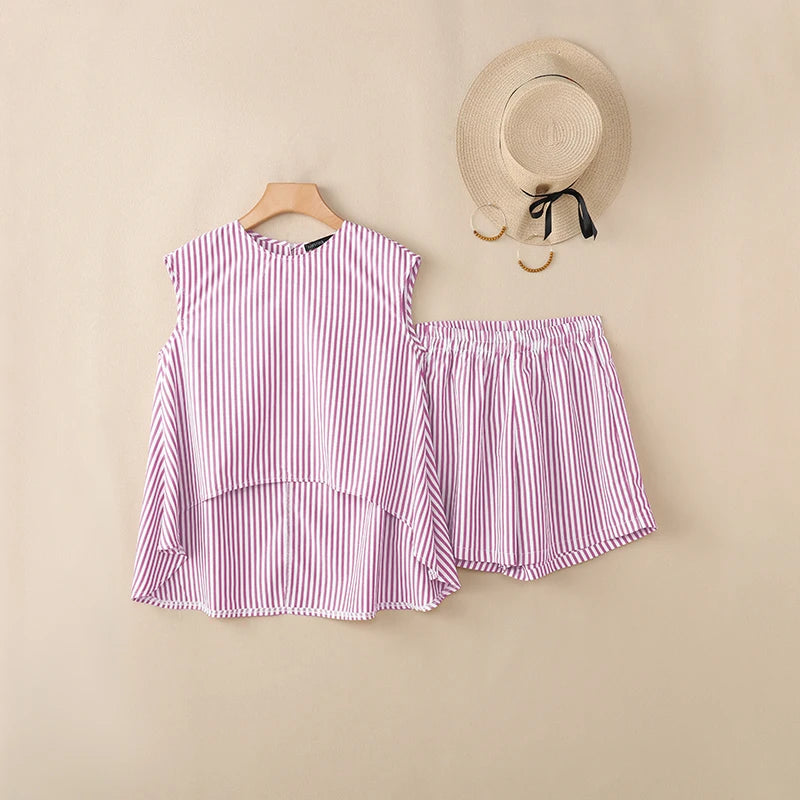 ZANZEA Women's Striped Short Sets Sleeveless High-Low Tops & Elastic Waist Shorts 2 Piece Suits Summer Casual Day Wear Outfits