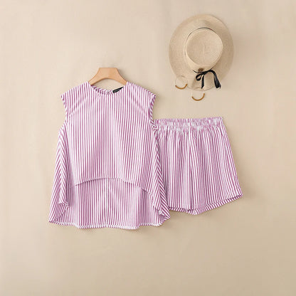 ZANZEA Women's Striped Short Sets Sleeveless High-Low Tops & Elastic Waist Shorts 2 Piece Suits Summer Casual Day Wear Outfits