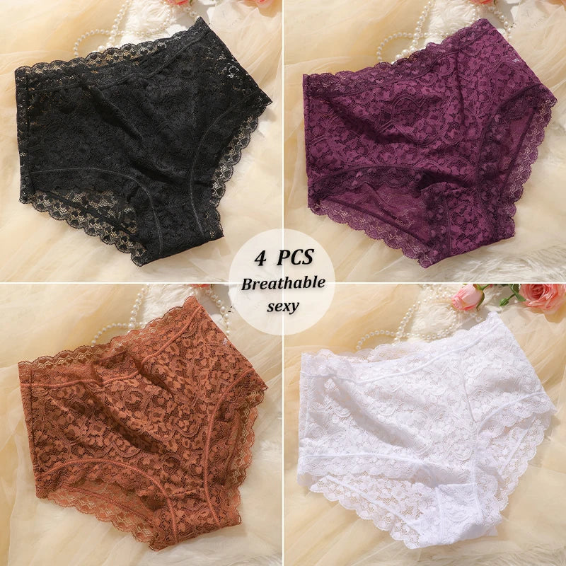 4PCS/SET Women Soft Lace Panties Breathable High Waist Underwear Hollow Sexy Lingerie Floral Solid Color Transparents Briefs New