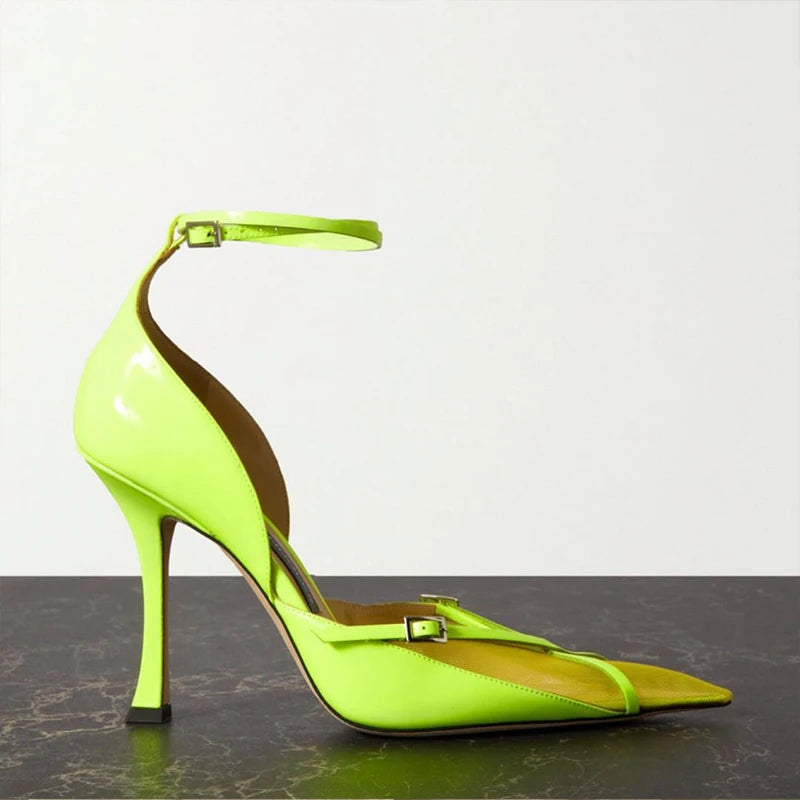 Fluorescent High Heels 2024 Summer European and American New Mesh Pointed Sexy Thin Heels with Hollow Single Shoes for Women