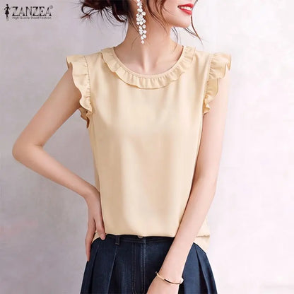 ZANZEA 2026 Women Elegant Regular-fit Blouses Ruffles Trim O-Neck Cap Sleeves Solid Color Tops Summer Lightweight Day Wear Blusa