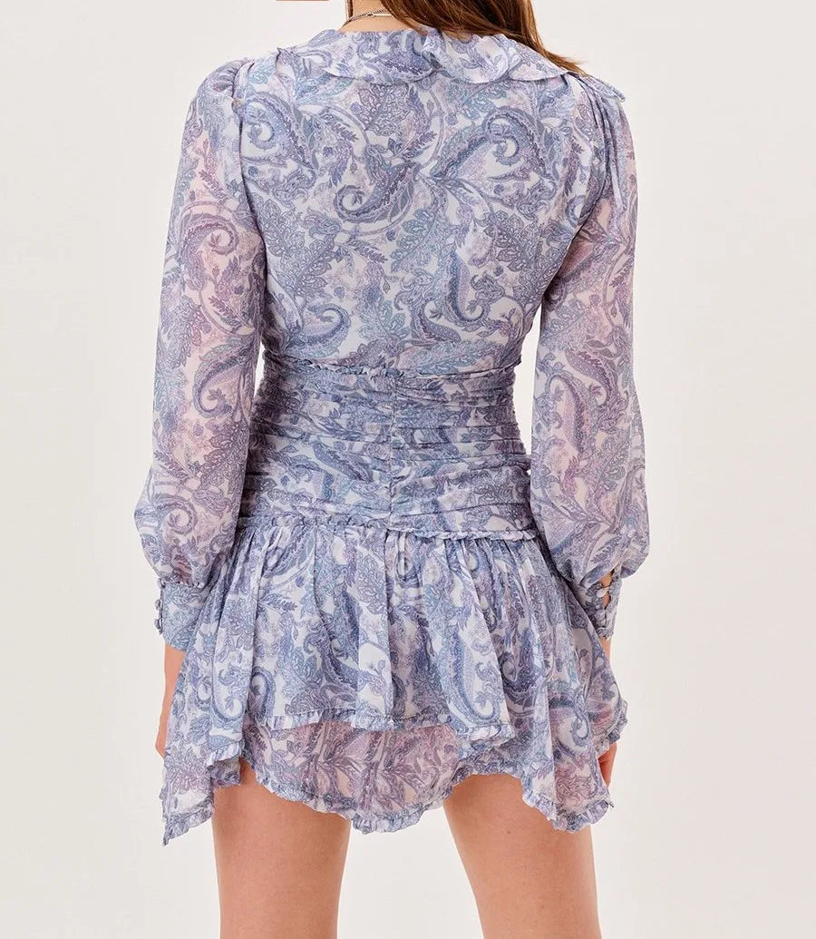 Blue Floral Print Chiffon Mini Dress Women Wood Ears Ruffles V Neck Open Buttons Slim Ruched Waist Long Sleeve Holiday Robe