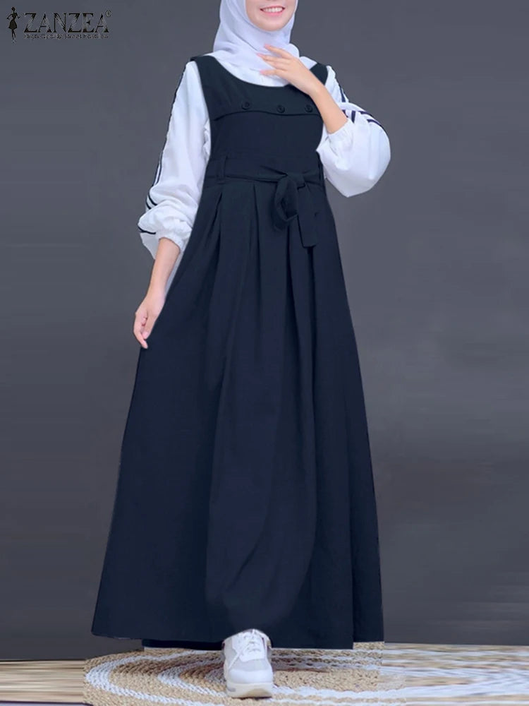 ZANZEA Muslim Abaya Hijab Dress Women Spring Maxi Long Dress Fashion Summer Sleeveless Overalls Dresses Kaftan IsIamic Clothing