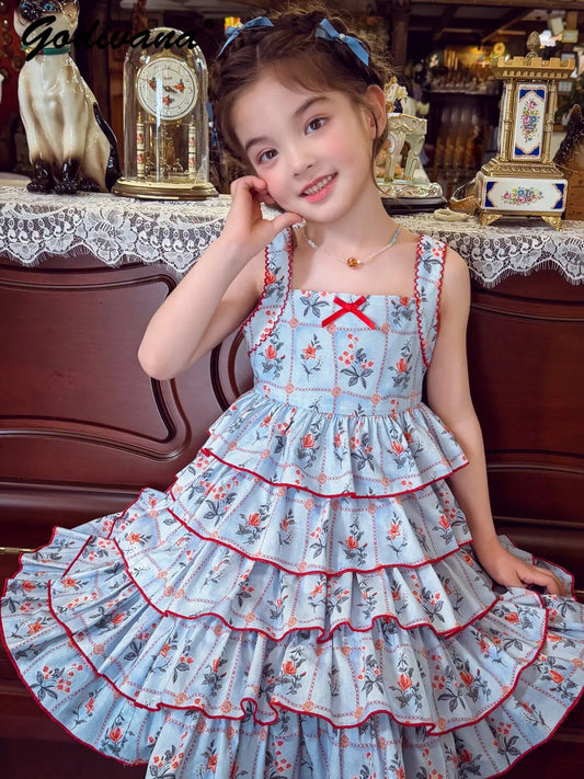 Sweet Baby Girls Cute Floral Casual Sundress New Summer 2026 Childrens Floral Cotton Lace Ruffle Trim High Waist Cake Slip Dress