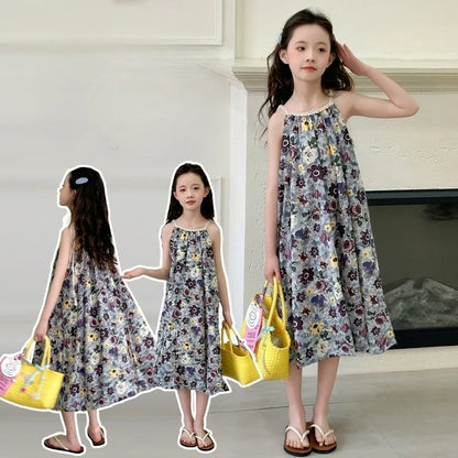 Floral Sleeveless Strappy Sundress Trendy Girls Party Dress Girl Cotton Linen Girls' Princess Summer Little Clothes Dresses Kids