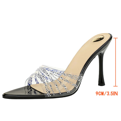 BIGTREE Shoes Transparent Design High-heeled Sandals Rhinestone Women Pumps Stiletto 9 cm Heels Summer Open Toed Pointed Sandals