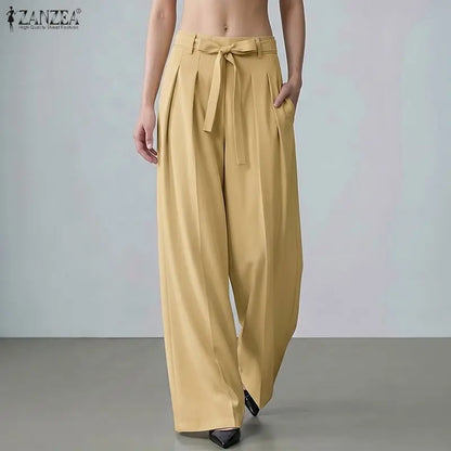 ZANZEA Summer Autumn Wide Leg Pants Women Long Trousers Fashion Solid Color Bottoms Streetwear Belt Pant Oversize S-3XL
