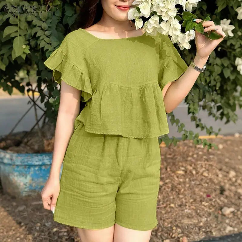 ZANZEA Korean Fashion Short Sets Women Square Neck Cropped Blouse & Elastic Waist Shorts 2 Piece Suits Summer Causal Outfits