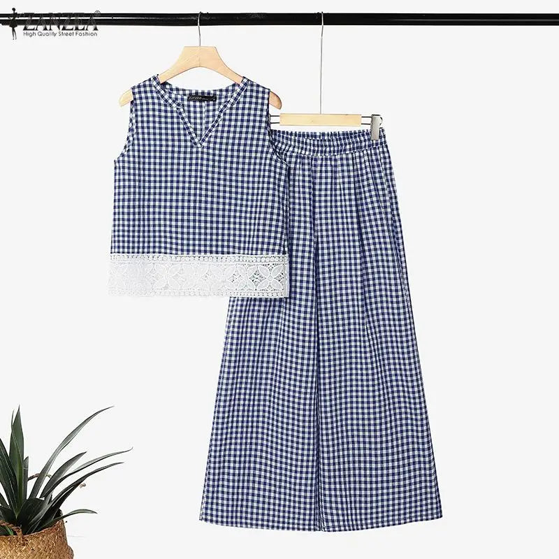 Summer 2PCS Outfits Stylish Women Plaid 2 Pieces Sets ZANZEA V Neck Sleeveless Tanks Tops Wide Leg Pant Sets Elegant Tracksuit