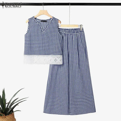 Summer 2PCS Outfits Stylish Women Plaid 2 Pieces Sets ZANZEA V Neck Sleeveless Tanks Tops Wide Leg Pant Sets Elegant Tracksuit