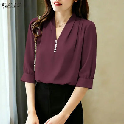 ZANZEA Women Sophisticated Pearls Detail Blouses V-Neck Pleated 3/4 Puff Sleeve Solid Color Tops Office Elegant Blusas de Mujer