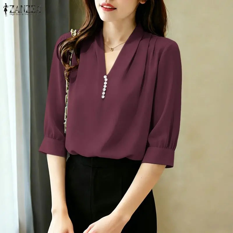 ZANZEA Women Sophisticated Pearls Detail Blouses V-Neck Pleated 3/4 Puff Sleeve Solid Color Tops Office Elegant Blusas de Mujer