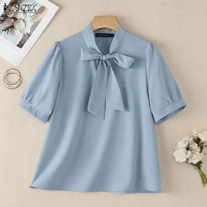 ZANZEA Woman Elegant Minimalist Blouses Bow Tie Neck Half Puff Sleeve Solid Color Tops 2026 Summer Casual Day Blusas de Mujer