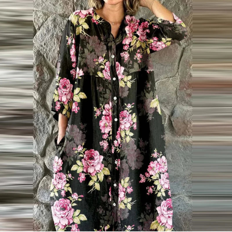 Bohemian Loose Single Breasted Dress Women's Casual O-neck Pocket Commuting Dress Spring Summer Floral Print Long Sleeved Dress