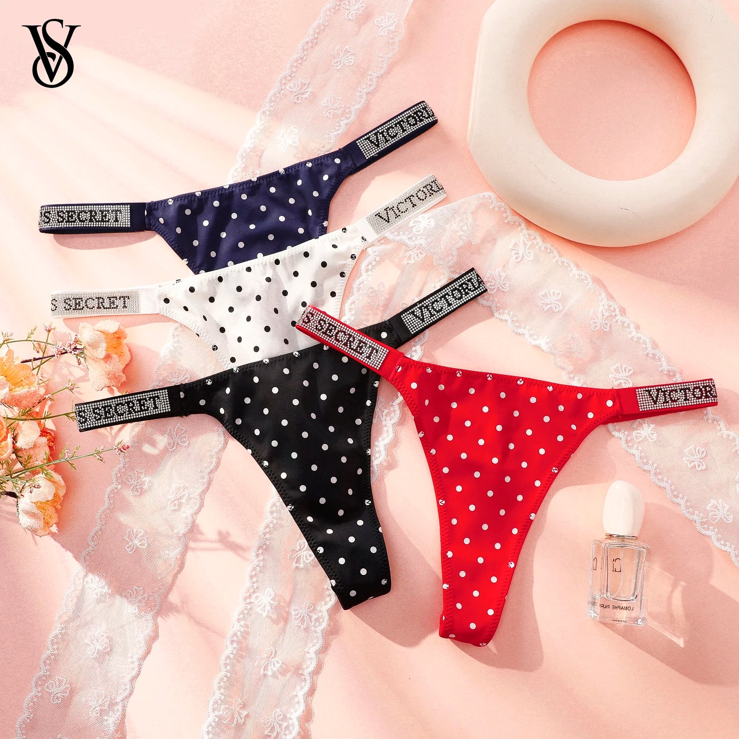VS Panties Set Breathable Cotton Hipster Underwear Thong Hipster Seamless Victoria Secret Women Polka Dot Lace Bikini Cheeky