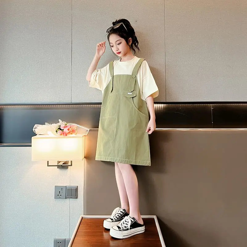 Simple and Minimalist Korean-style Casual Loose Dress for Students Suit Girls White Girl Children Clothes Girls' Princess Farm