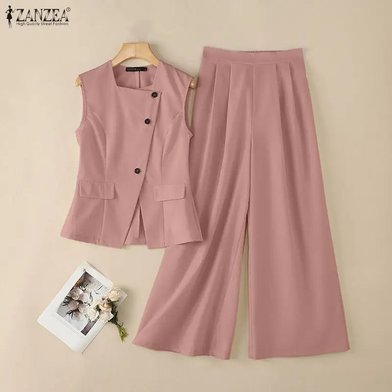 Fashion Women 2 Pieces Sets ZANZEA Summer Sleeveless Buttons -Up Tanks Tops Pants Sets Elegant Solid OL Work Tracksuit Outfits