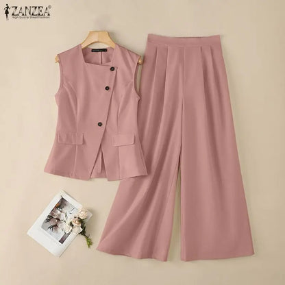 Fashion Women 2 Pieces Sets ZANZEA Summer Sleeveless Buttons -Up Tanks Tops Pants Sets Elegant Solid OL Work Tracksuit Outfits