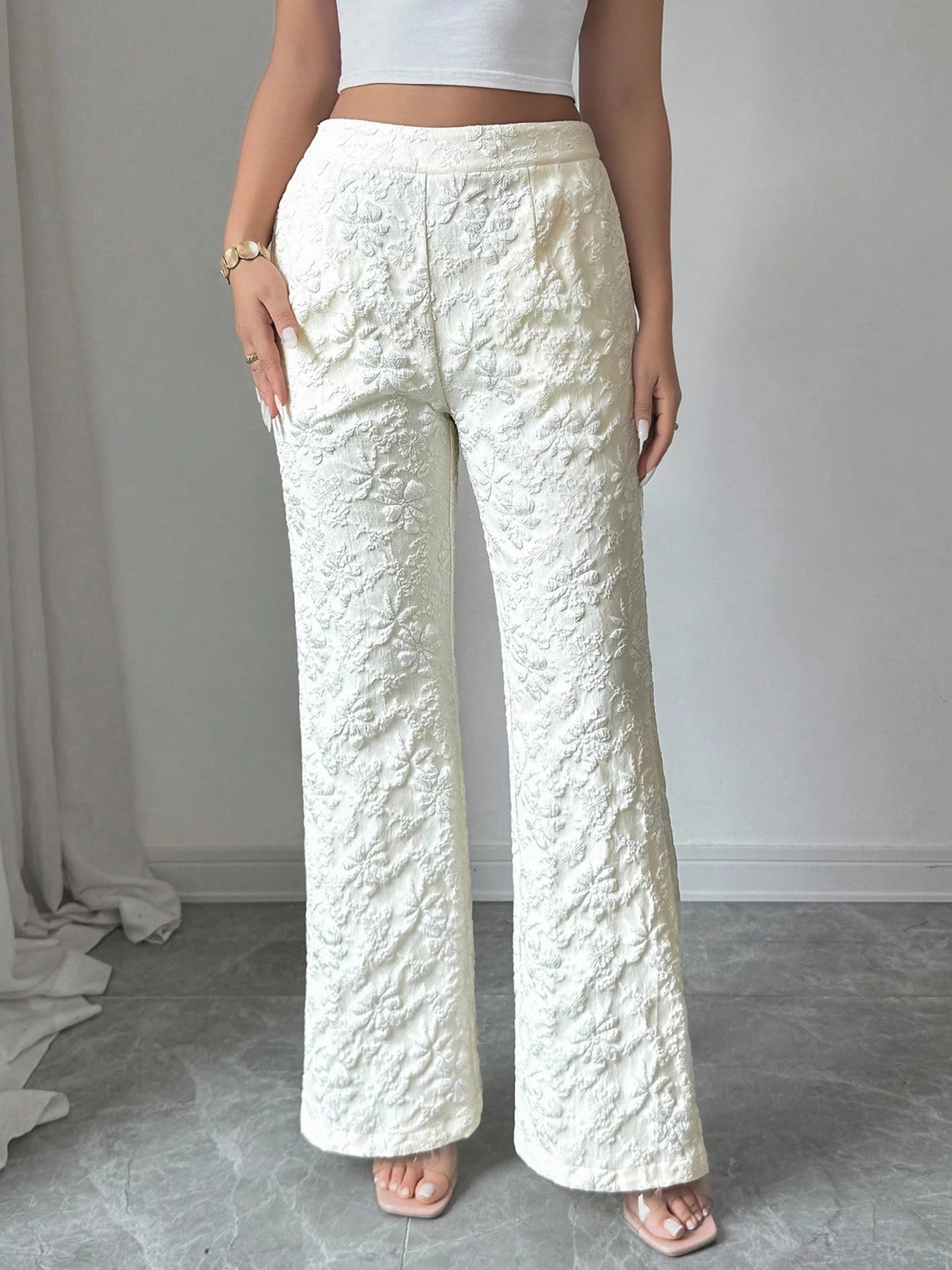 Women's Apricot Wide Leg Pants 3D Floral Embossed High Waist Flared Pants Elegant Casual Spring Summer Vacation Office Trousers