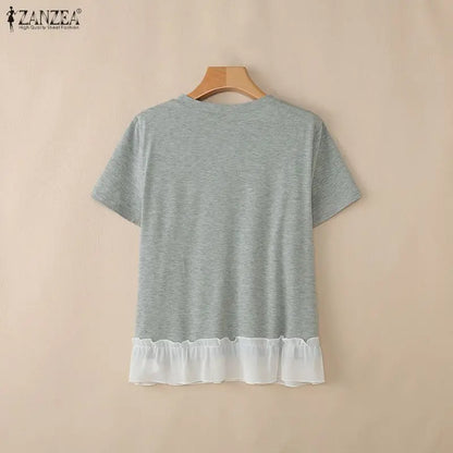 ZANZEA Summer Women Blouses Fashion Fake 2PCS Tops Patchwork Hollow Out Tee OL Work Party Blusas Tunic Streetwear Oversize