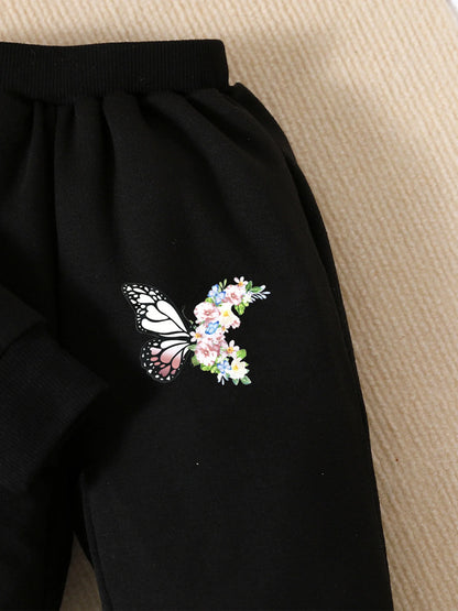 Kids Soft Casual Workout Outfit Girls Cute Butterfly Print Outfit Tracksuit Long Sleeves Hoodie with Pants Outdoor Sports Wear