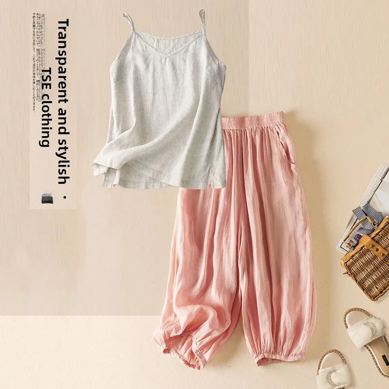 Summer Casual Cotton Linen Double Layer Lantern Pants Loose Elastic Waist Pure Color Wide Leg Harem Trousers for plus Size Women