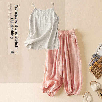 Summer Casual Cotton Linen Double Layer Lantern Pants Loose Elastic Waist Pure Color Wide Leg Harem Trousers for plus Size Women