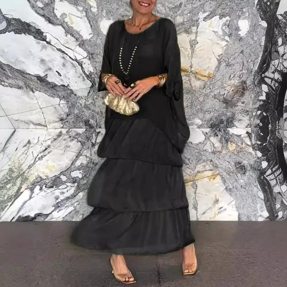 Fashion New Chiffon Printing Mesh Bat Sleeve O Neck Long Women's Dresses Summer Casual Loose Elegant Female Holiday Beach Dress