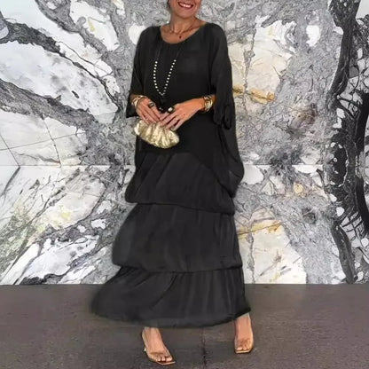 Fashion New Chiffon Printing Mesh Bat Sleeve O Neck Long Women's Dresses Summer Casual Loose Elegant Female Holiday Beach Dress
