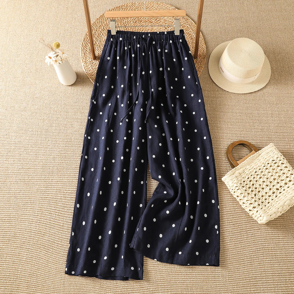 Polka Dot Wide Leg Pants Elastic Waist Tie Dye Slimming Loose Harlan Summer Vintage Style Ladies High Waist Straight Tube