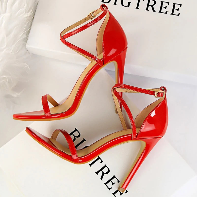 BIGTREE Shoes Pumps Open Toe High Heels Patent Leather Women Heels Stiletto 11 Cm 7.5cm Summer Heels Sandals Women Party Shoes