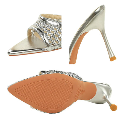 BIGTREE Shoes Weaving Design High-Heeled Sandals Women Shoes Summer Women Pumps Pointed Open-Toe Stiletto 9 CM Heeled Slippers