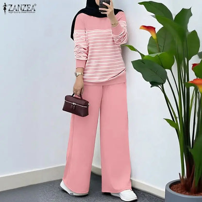2026 ZANZEA Fashion Spring Tracksuit Women Striped 2 Piece Sets Casual Long Sleeve Tops Pant Sets Muslim Outfits Matching Sets