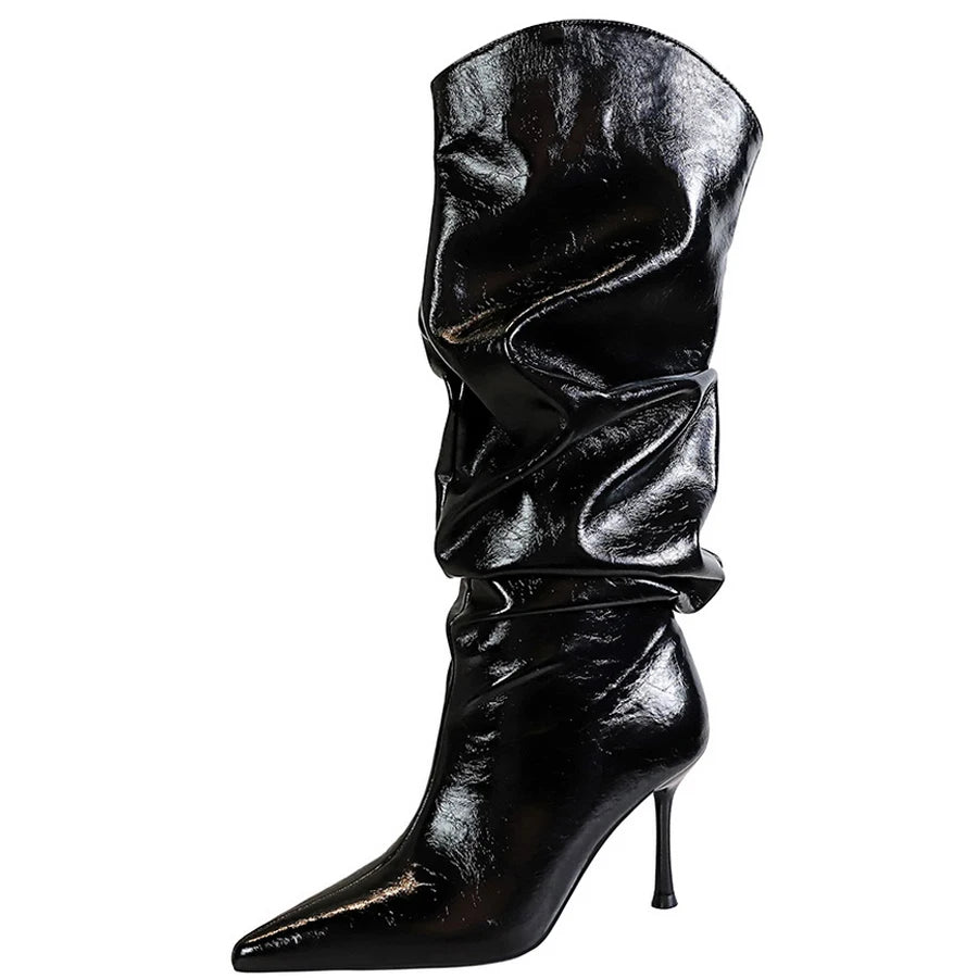 BIGTREE Shoes Sexy Stiletto Women Knee High Boots Pointed High-heeled Boots Fashion Long boots Pleated Leather Boots Female Shoe