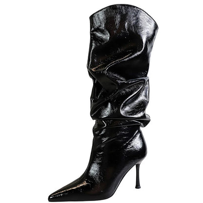 BIGTREE Shoes Sexy Stiletto Women Knee High Boots Pointed High-heeled Boots Fashion Long boots Pleated Leather Boots Female Shoe