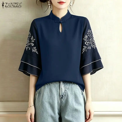 ZANZEA Women Floral Embroidered 3/4 Flared Sleeve Blouses Vintage Mandarin Collar Keyhole Neckline Tops Elegant Blusas de Mujer