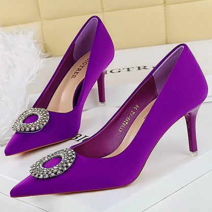 BIGTREE Shoes Women 7.5 cm Heels Rhinestone Round Buckle Women Pumps Silks Satins High Heels Sexy Party Shoes Large Size 34-43