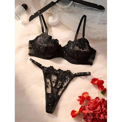 French Black Embroidered Lace Underwear Set Elegant Feminine Design Bra And Panties Combo for Women
