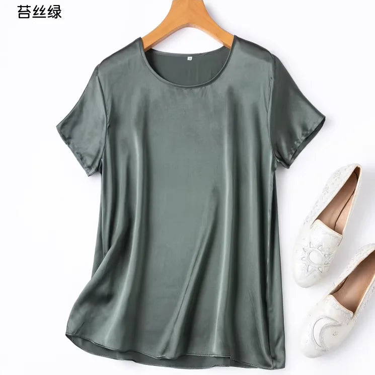ZVAQS 100% Mulberry Silk T Shirts Woman Elegant Satin T Shirt 27 Colors High Quality Silk Summer Tops 2025 Women Clothing Топ
