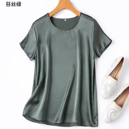 ZVAQS 100% Mulberry Silk T Shirts Woman Elegant Satin T Shirt 27 Colors High Quality Silk Summer Tops 2025 Women Clothing Топ