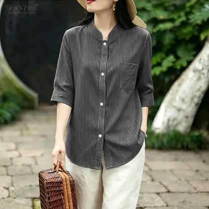 ZANZEA Woman Striped Shirts Stand Collar Half Sleeve Button Up Patch Pocket Tops Spring Summer Daily Casual Chemises Femme