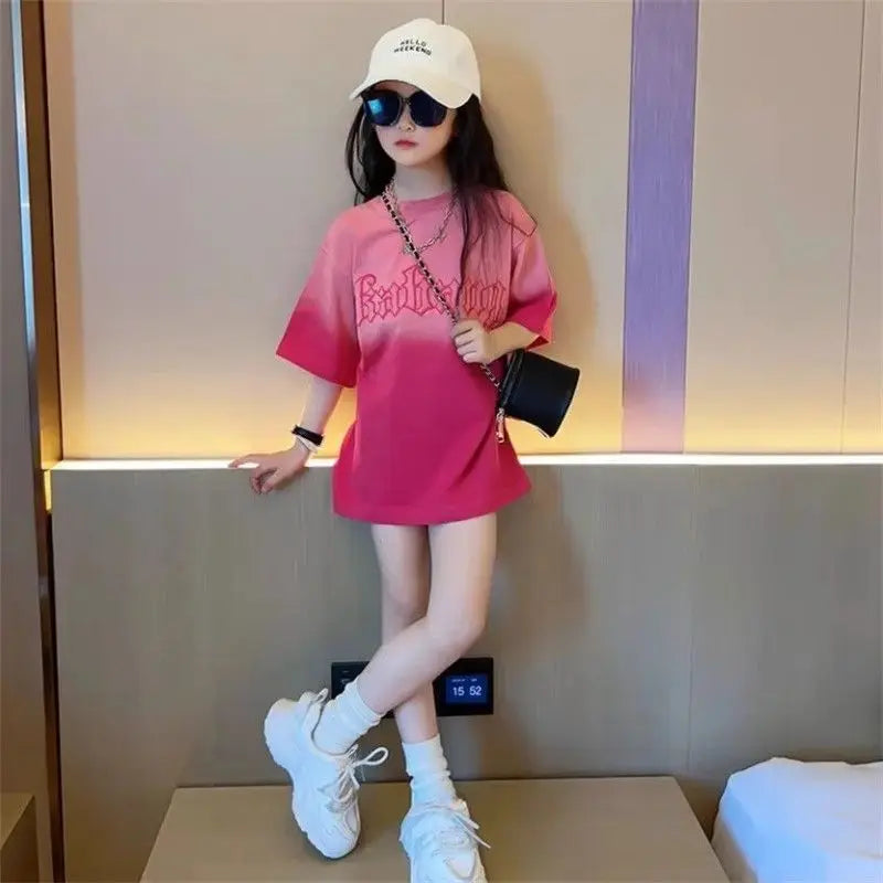Girls Ice Silk Cooling T-Shirt 2026 Summer Kids Short Sleeve Top Crew Neck Gradient Casual Trendy Tee for Children
