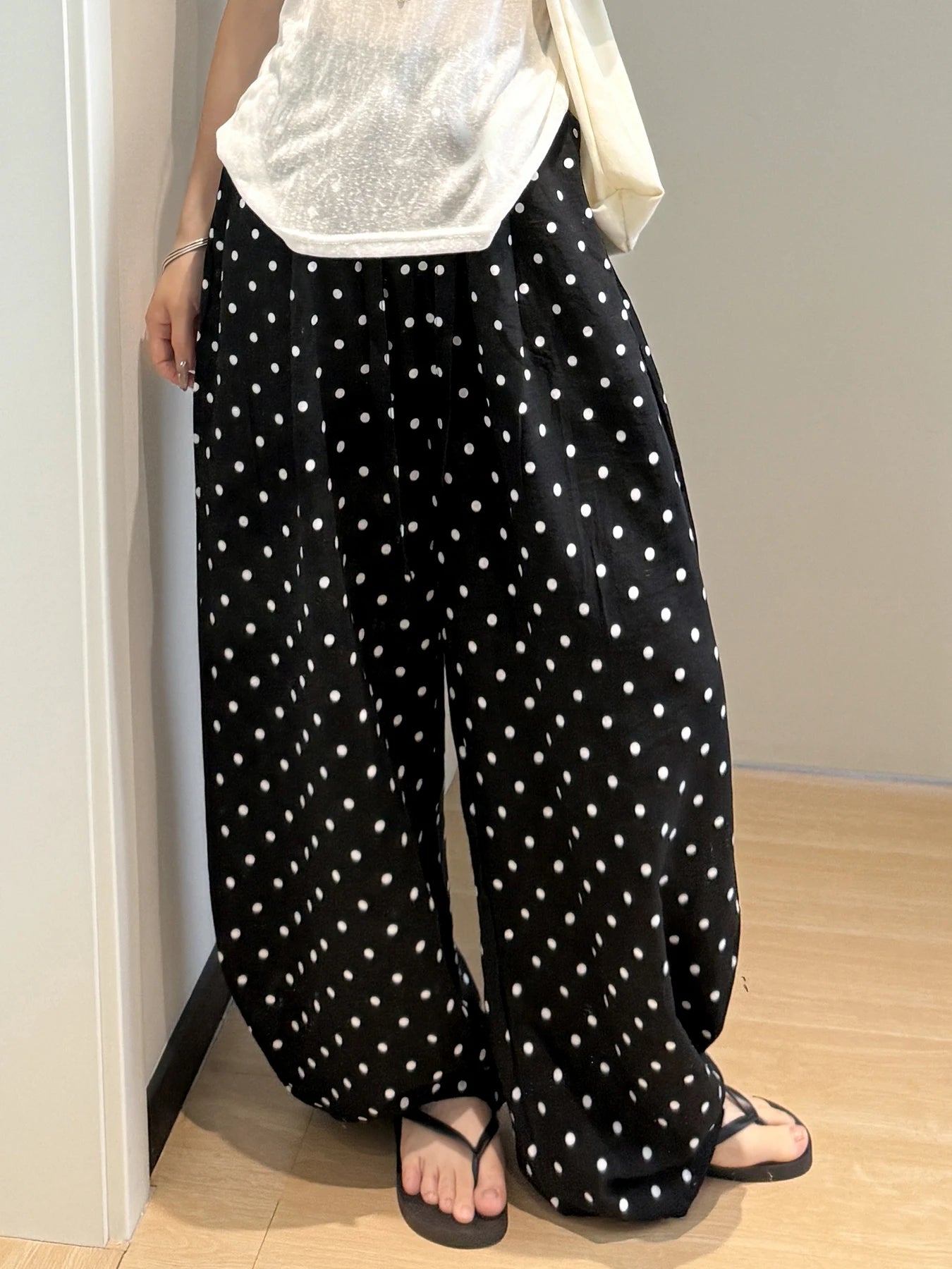 Linen Polka Dot Wide-Leg Pants for Women's Summer, Thin High-Waisted Loose and Laid-Back Style Yamamoto Pants, Casual Straight-L