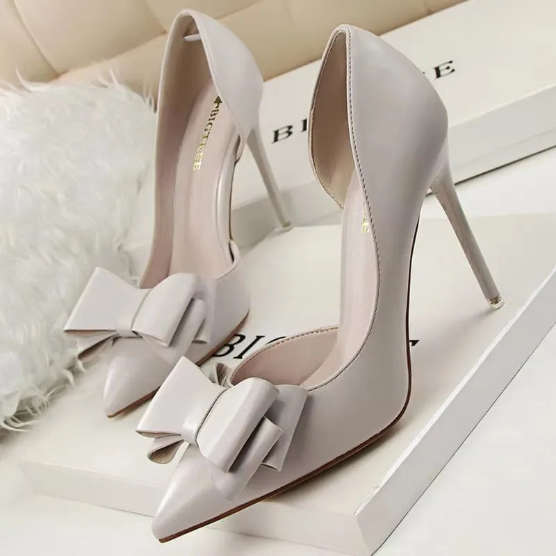 BIGTREE Shoes Pu Leather Kitten Heels Bowknot Stiletto Heels 7.5 Cm Women Pumps Fashion High-heeled Shoes Sexy Wedding Shoes