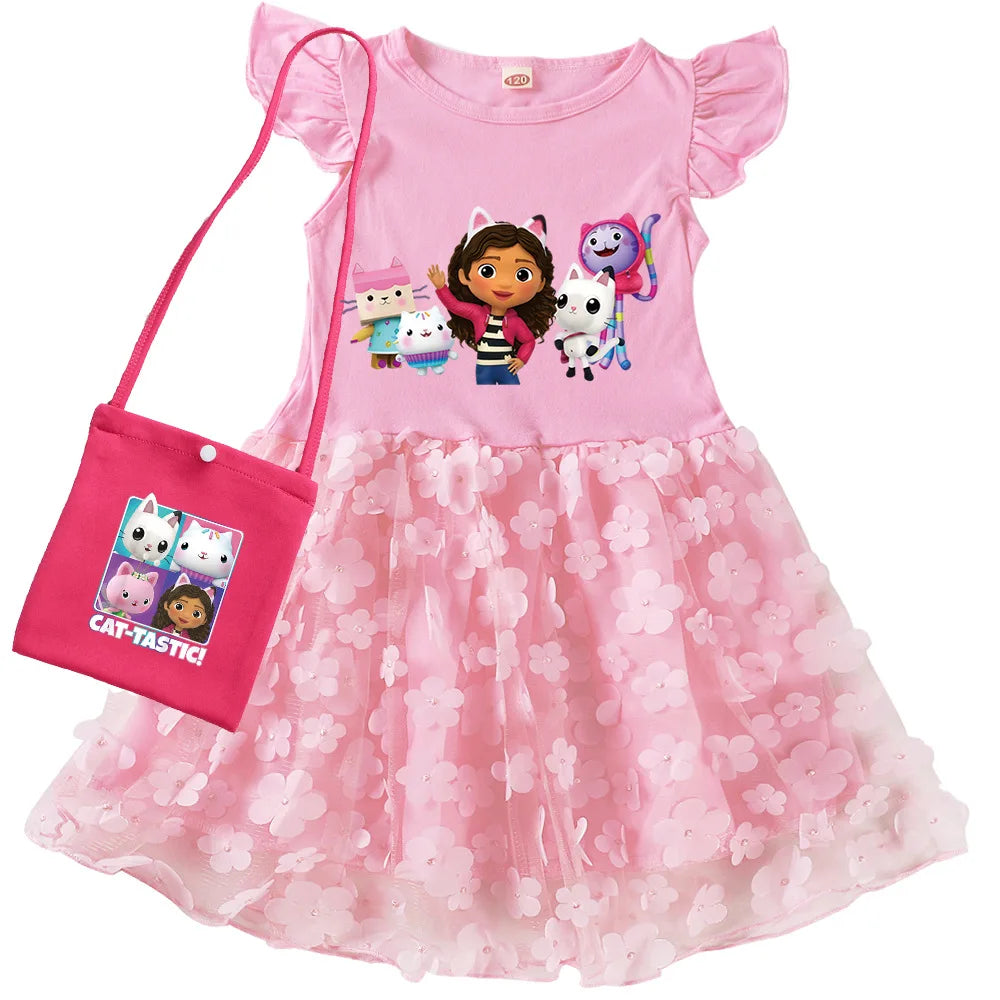 Vestidos Gabbys Dollhouse Costume Kids Cartoon Gabby Chat Dress Baby Girls Summer Short Sleeve Casual Dresses and Bag & Headband