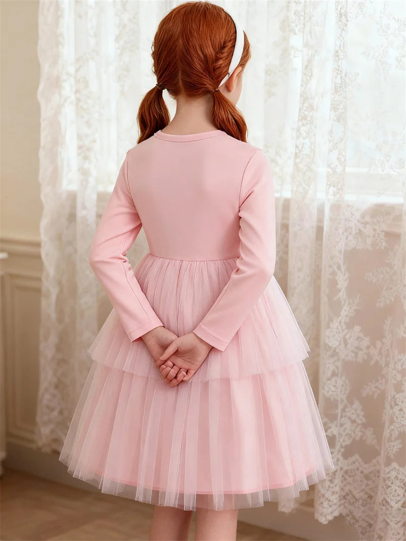 Kids Autumn 3D Flower Bow Dresses Children Princess Style Long Sleeve Mesh Puff Skirt Girls Birthday Party Performance Dress