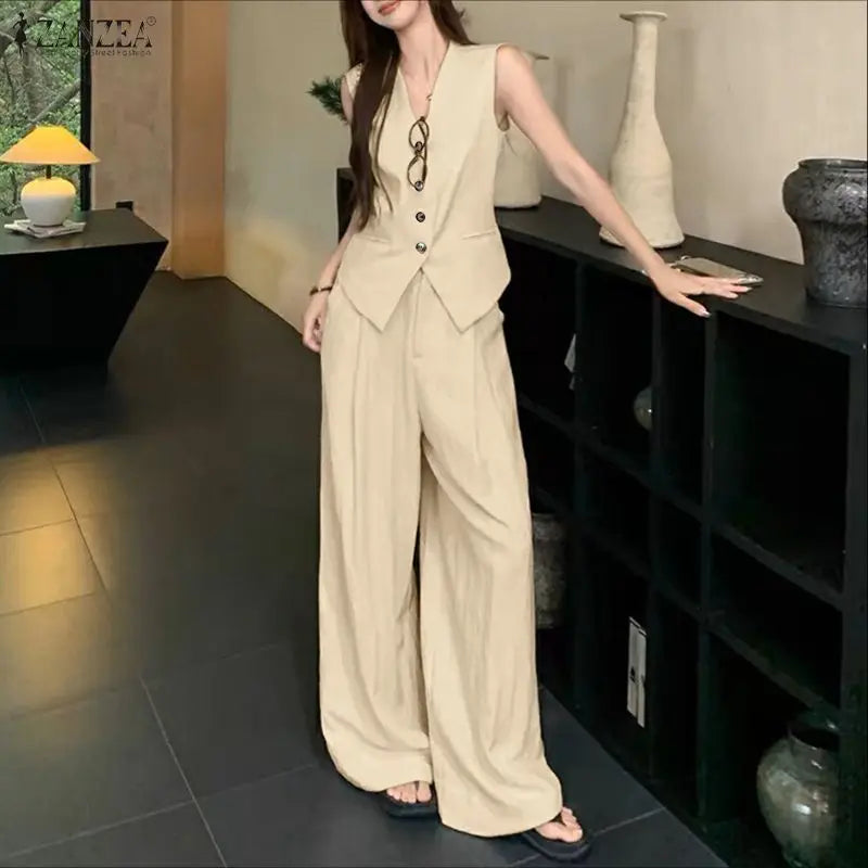 2026 ZANZEA Elegant Sleeveless Tank Tops Wide Leg Pant Sets Summer Women 2 Pieces Sets Elegant Solid OL Work Outfits Tracksuit