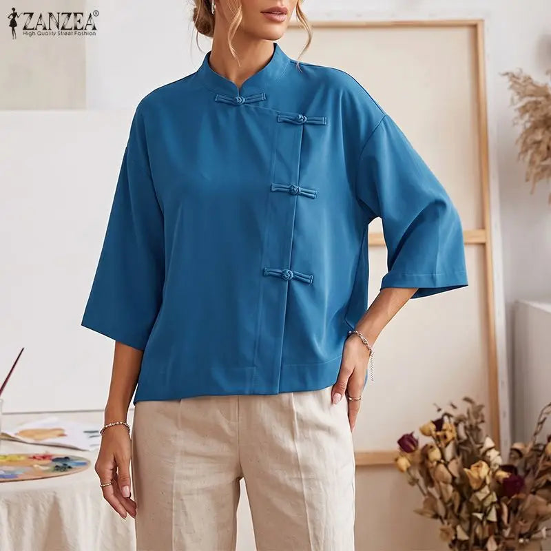 ZANZEA Plus Size 5XL Woman Vintage Shirts Mandarin Collar Frog Buttons High-Low Blouse Chinese Style Casual Solid Daily Wear Top